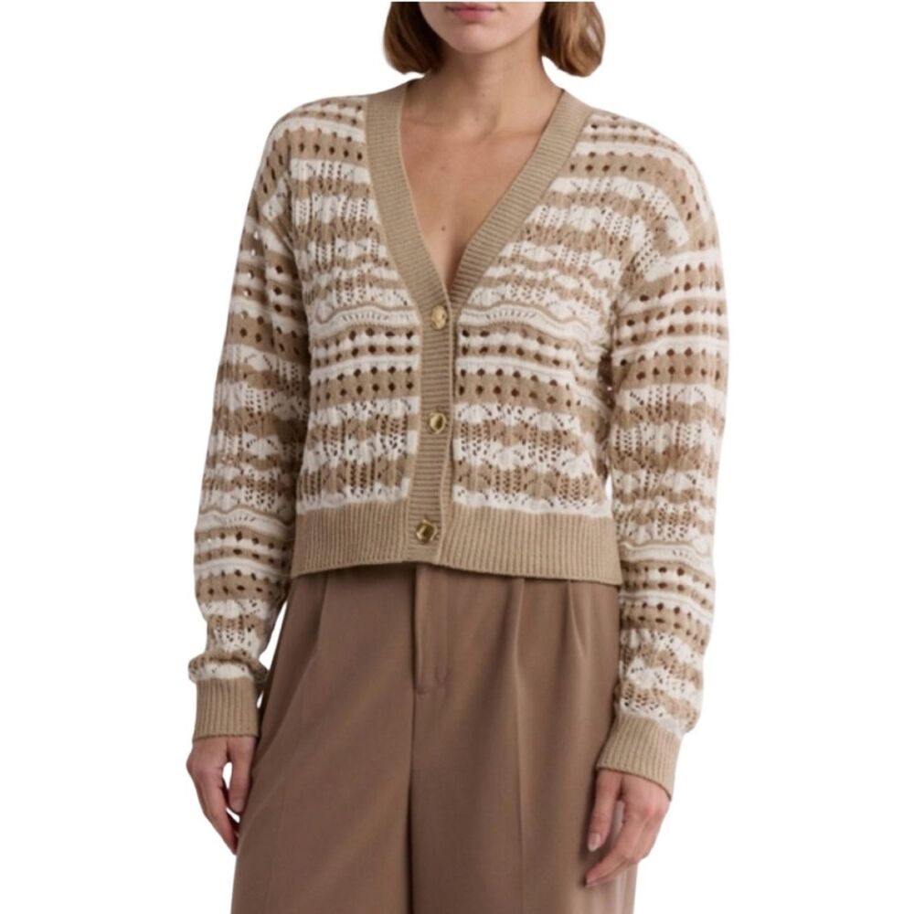 Laundry By Shelli Segal Beige and White Patterned V-Neck Cardigan